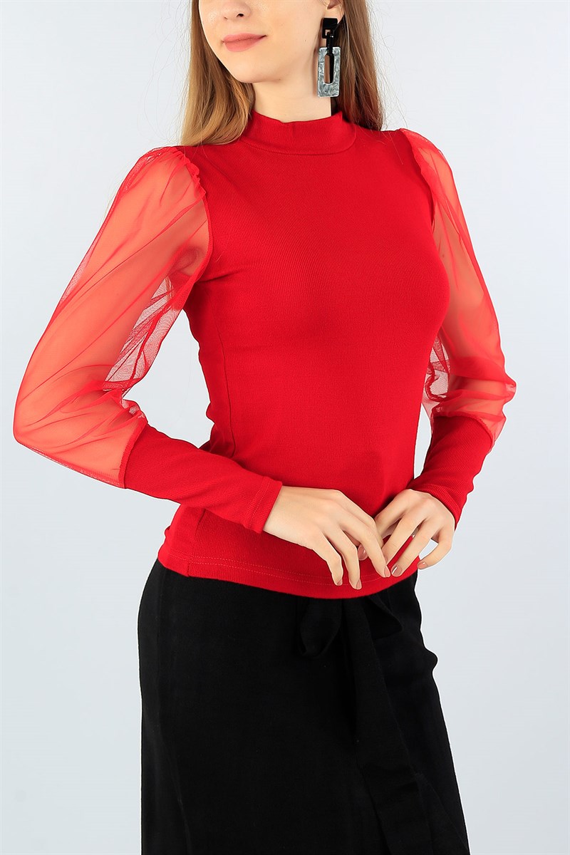 Kırmızı Kolu Tüllü Triko Kazak 45701