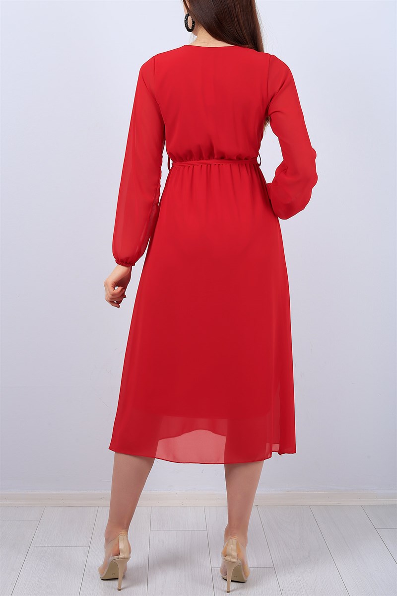 Kırmızı Kruvaze Yaka Bayan Şifon Elbise 12302B