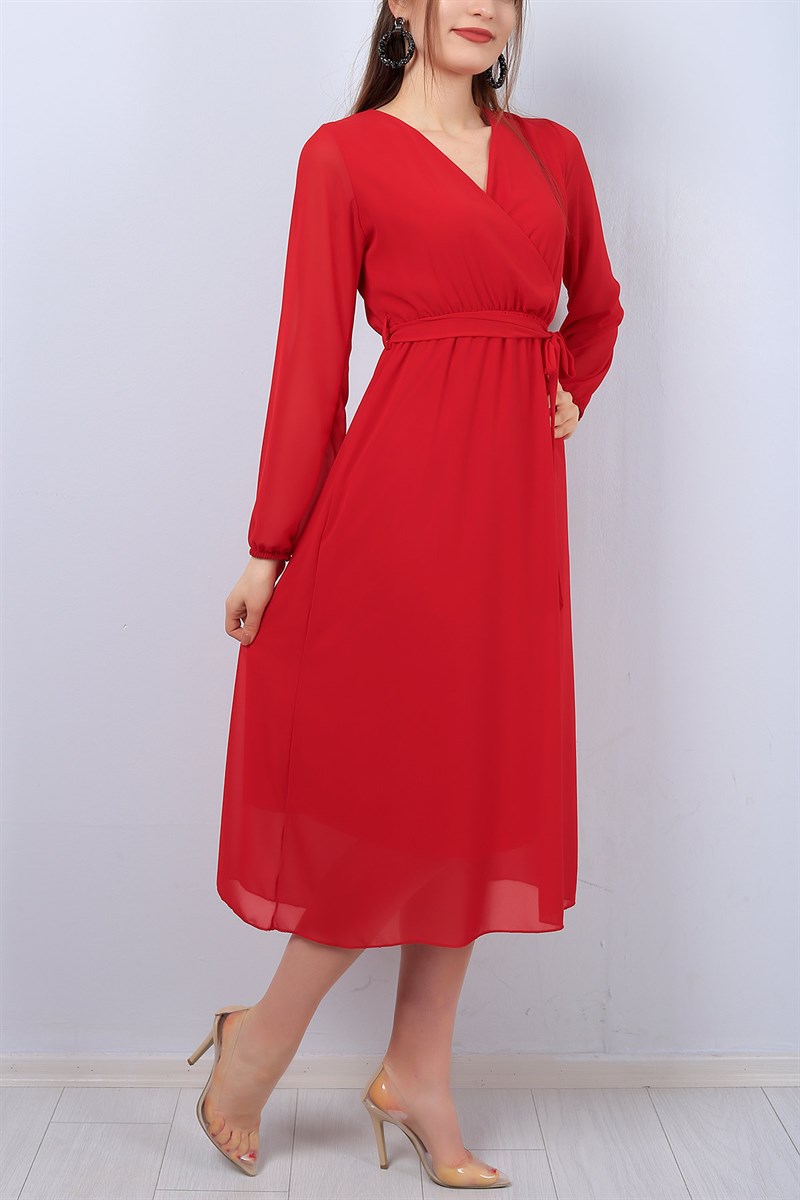 Kırmızı Kruvaze Yaka Bayan Şifon Elbise 17401b