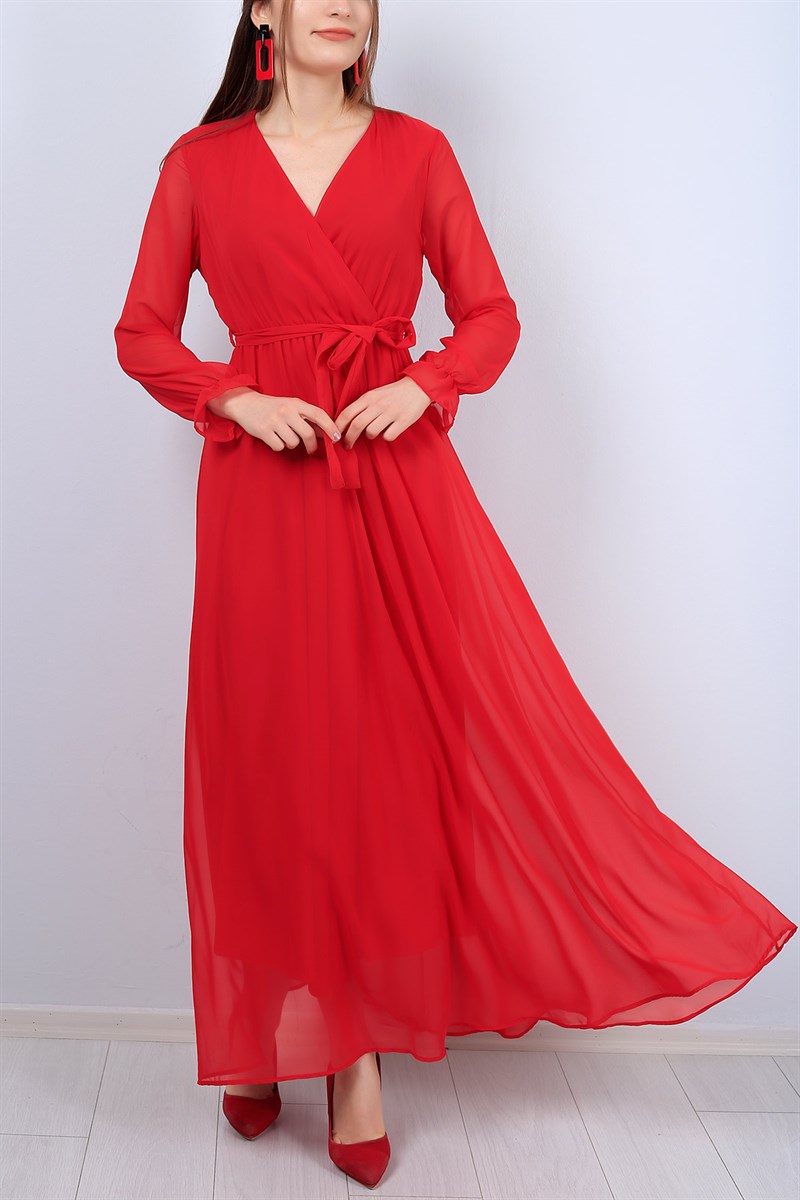 Kırmızı Kruvaze Yaka Bayan Şifon Elbise 12419B
