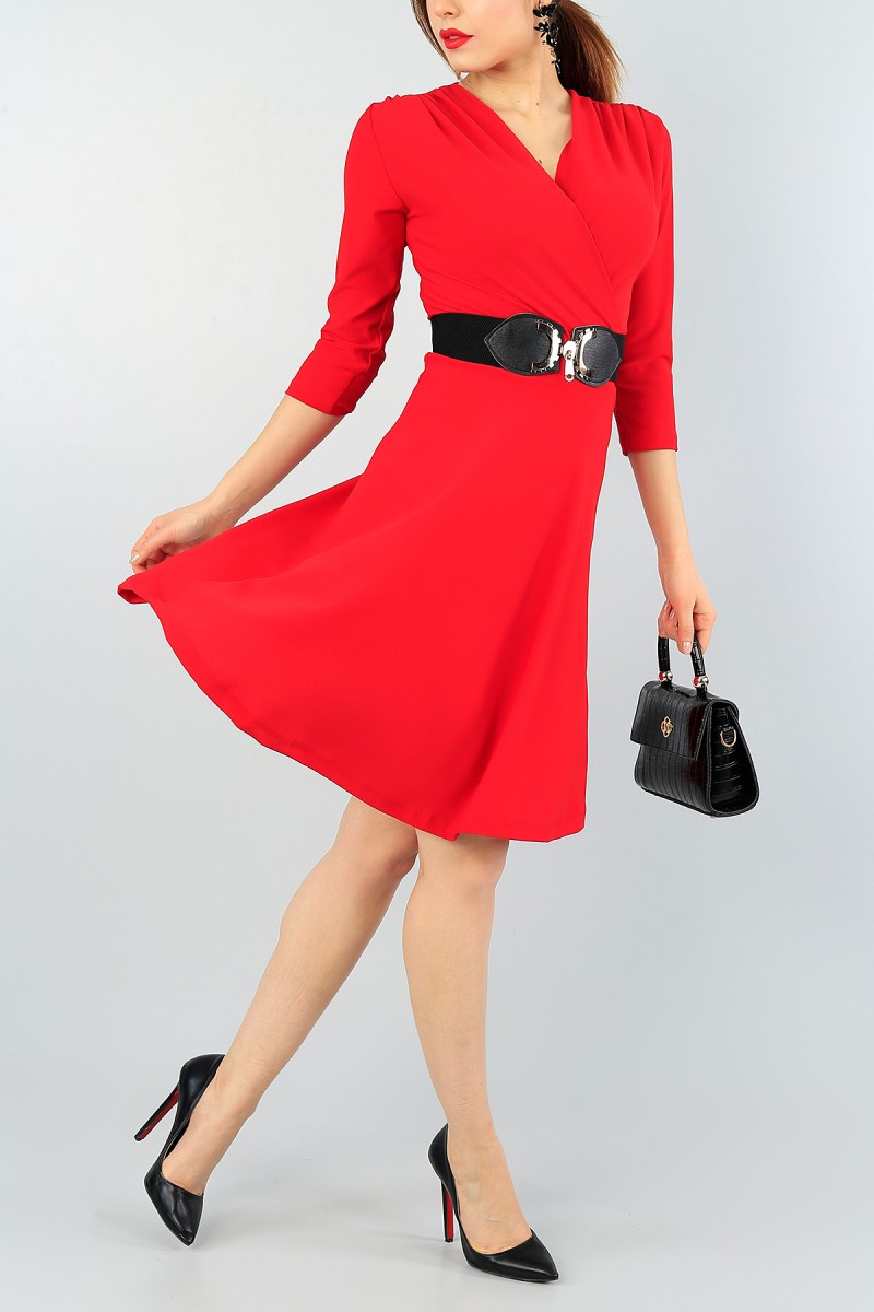 Kırmızı Kruvaze Yaka Elbise 57818