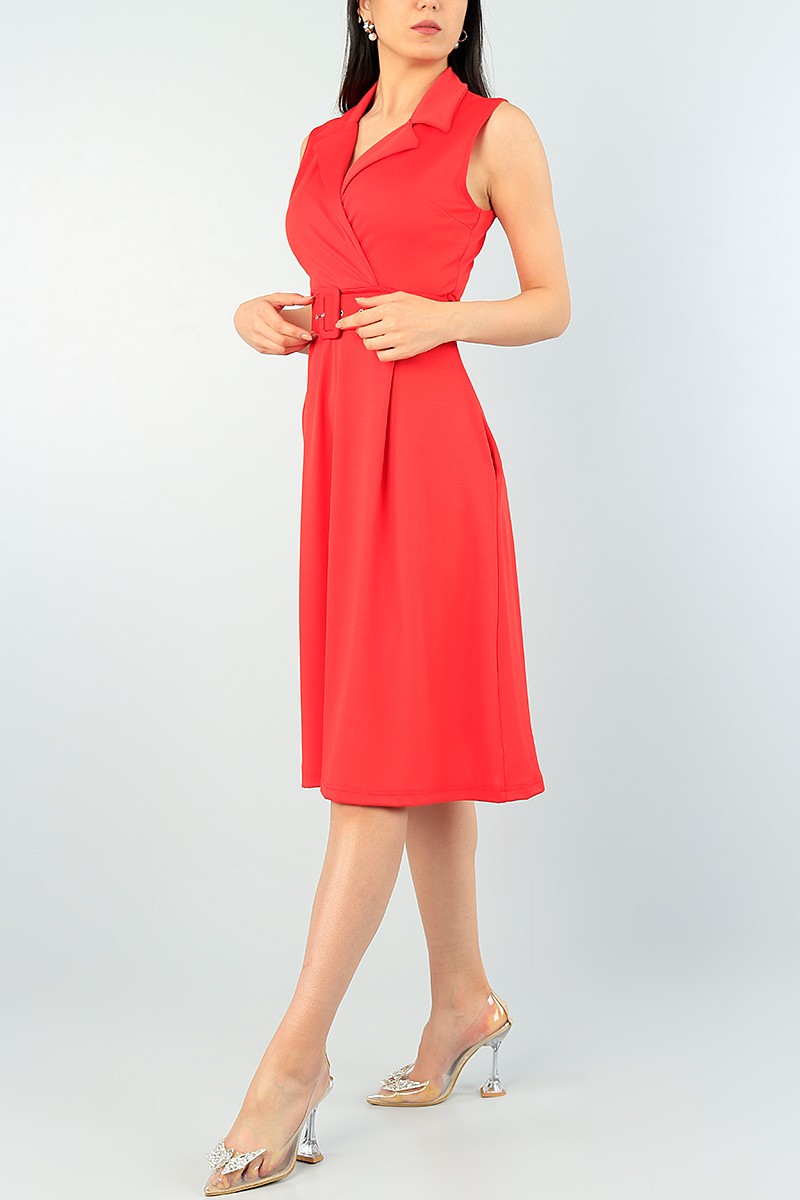Kırmızı Kruvaze Yaka Kolsuz Elbise 63801