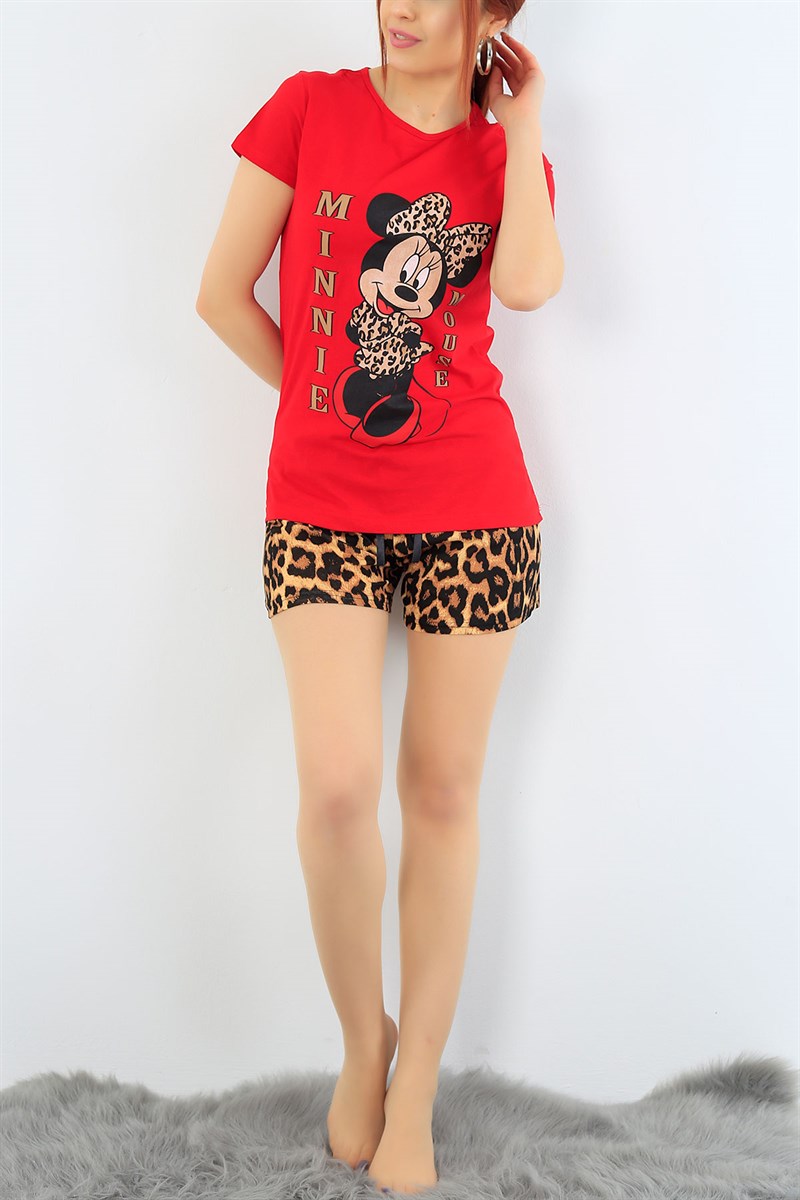 Kırmızı Leopar Desenli Bayan Pijama Takımı 31305