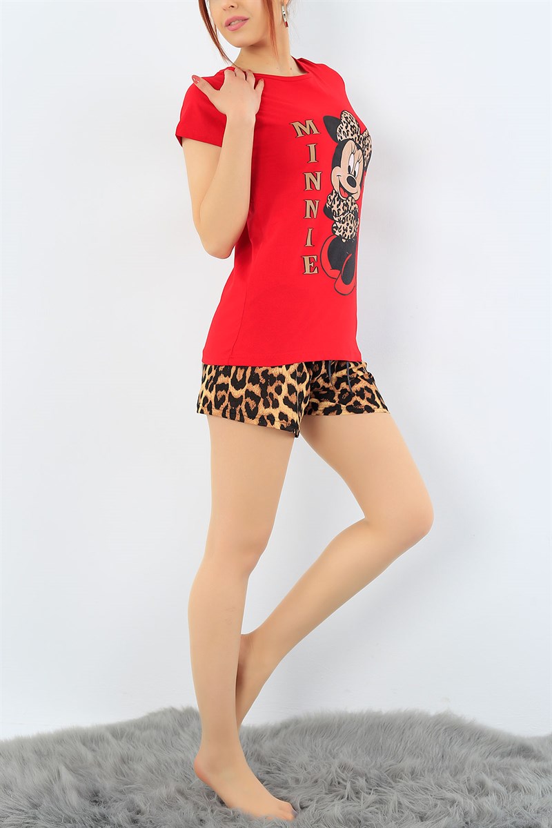 Kırmızı Leopar Desenli Bayan Pijama Takımı 31305