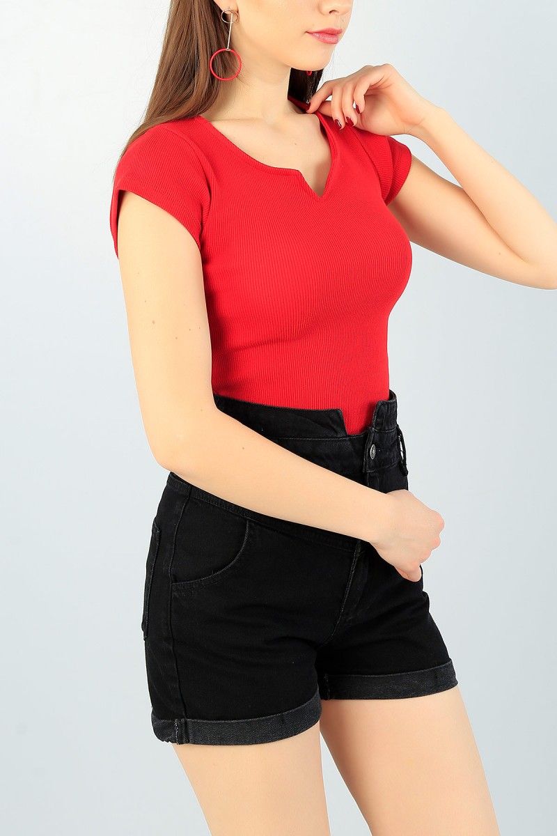 Kırmızı Likralı Bayan Fitilli Tişört 61286