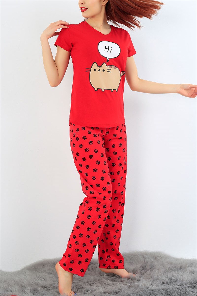 Kırmızı Likralı Bayan Pijama Takımı 30995