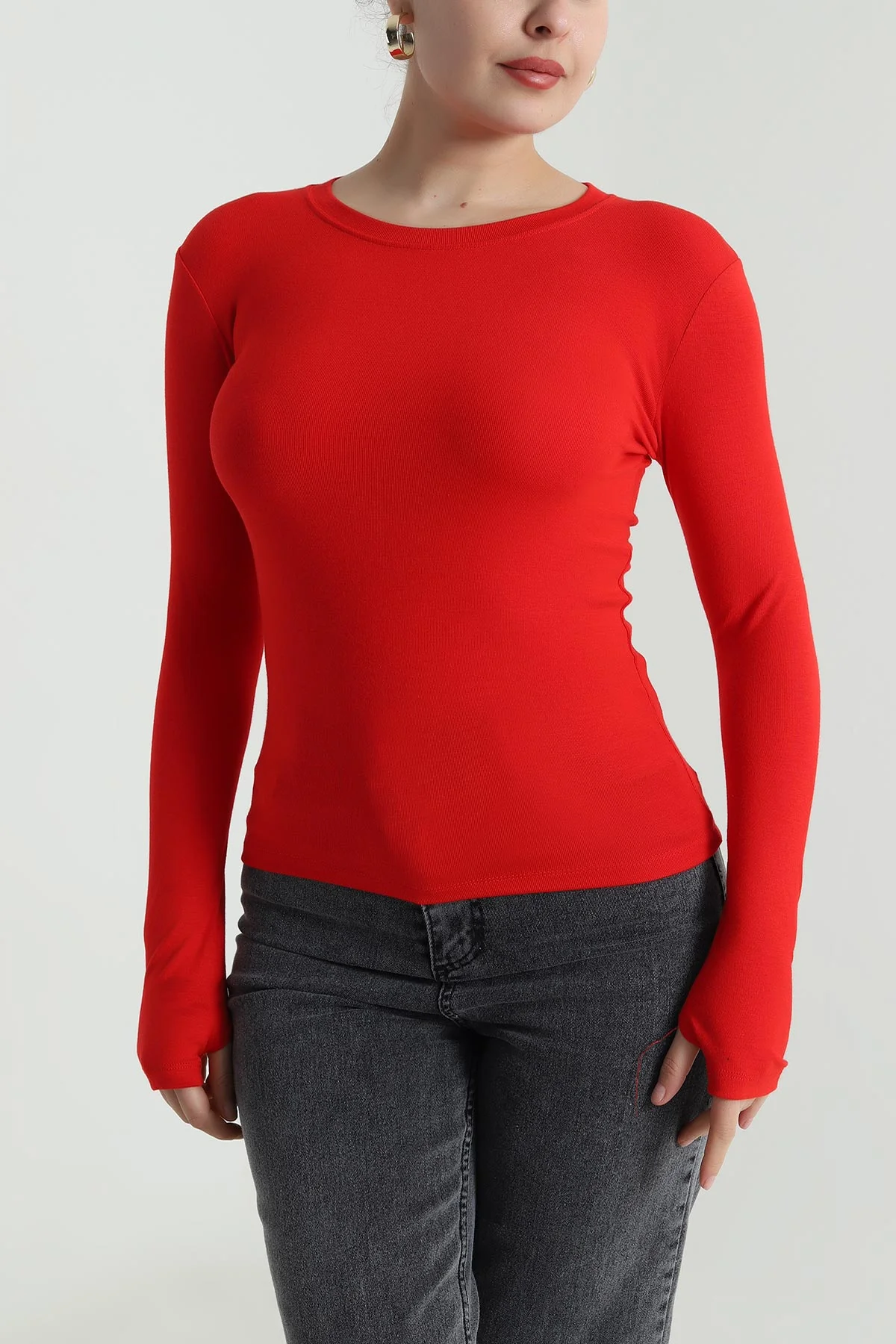 Kırmızı Likralı Bisiklet Yaka Oysho Kadın Bluz 493166