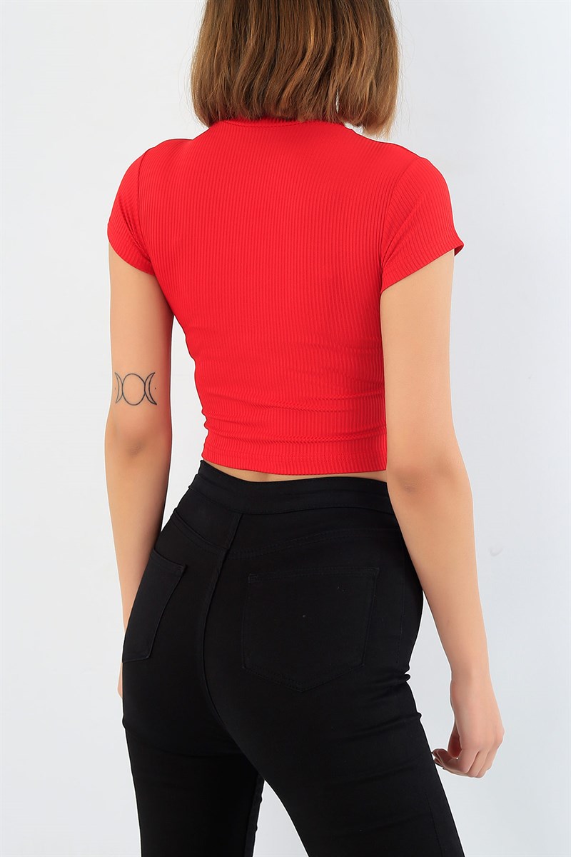 Kırmızı Likralı Crop Tişört 30540