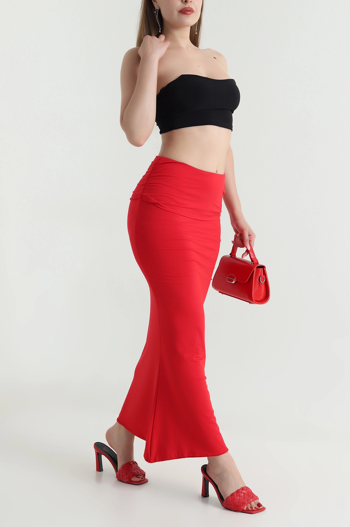 Kırmızı Likralı Modal Kadın Balık Etek 476228