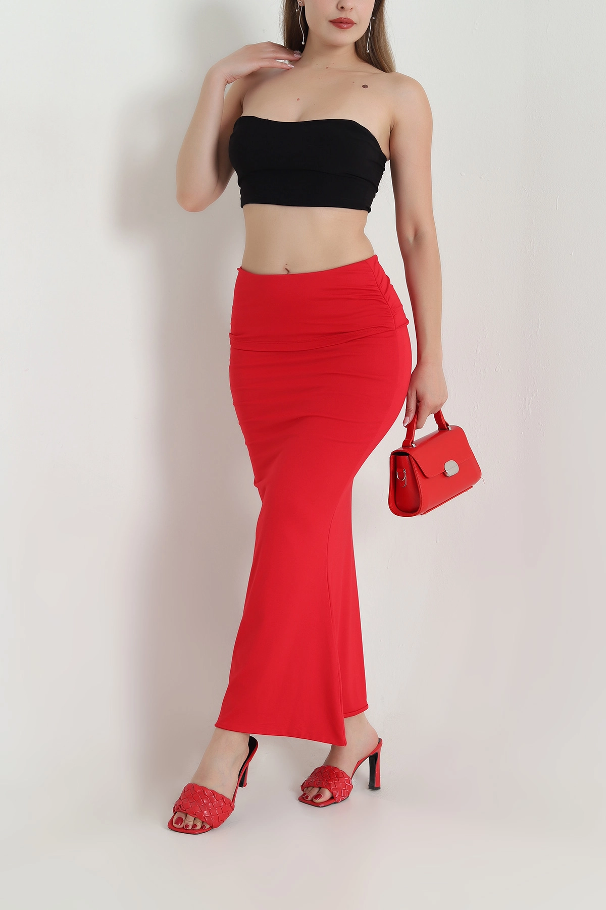 Kırmızı Likralı Modal Kadın Balık Etek 476228