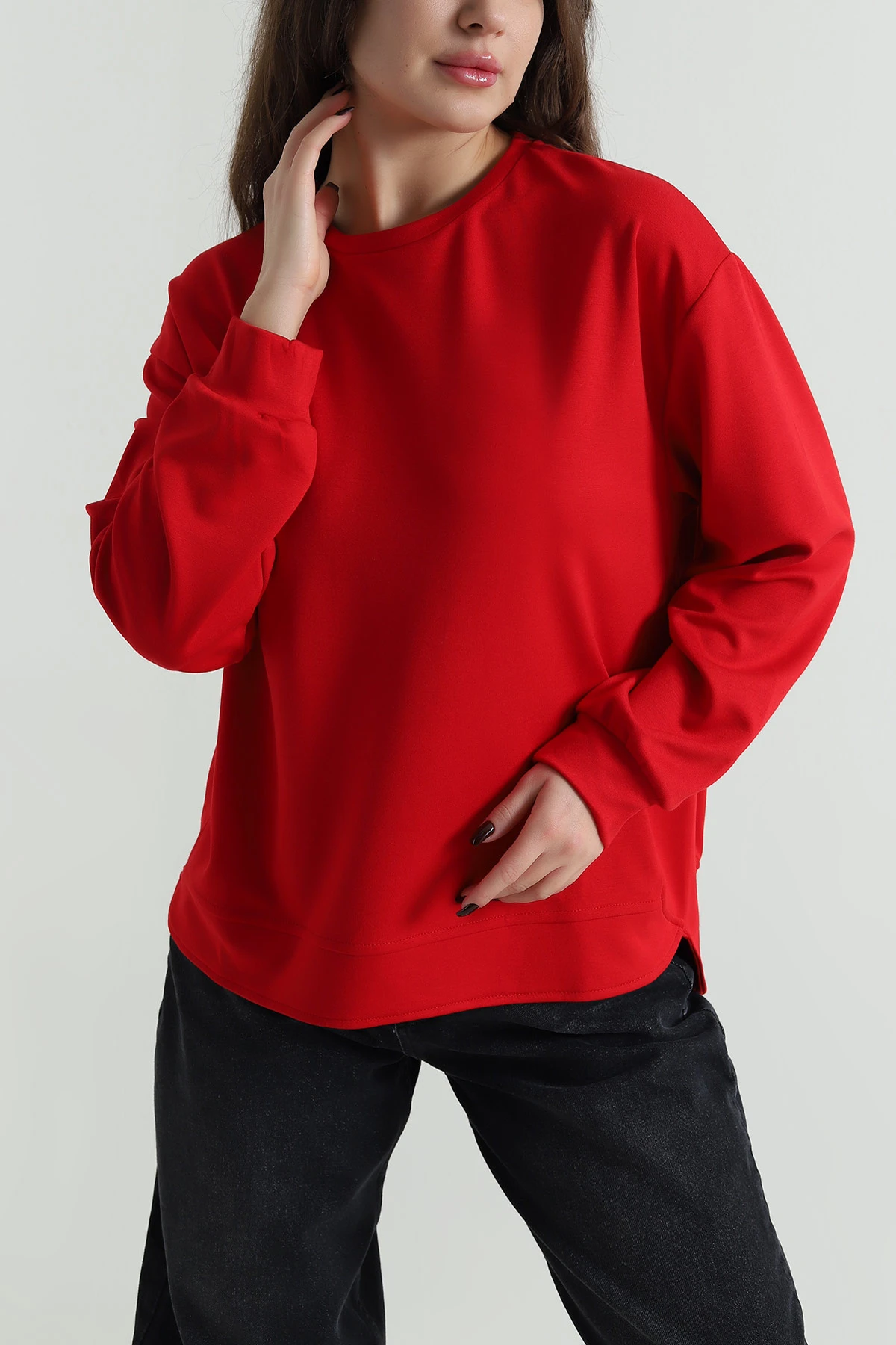Kırmızı Likralı Modal Kadın Sweat 498044