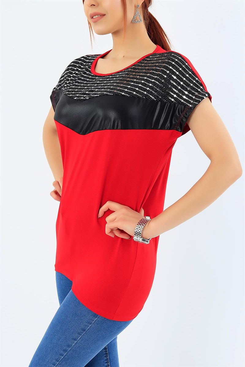 Kırmızı Likralı Pul İşlemeli Bluz 31843