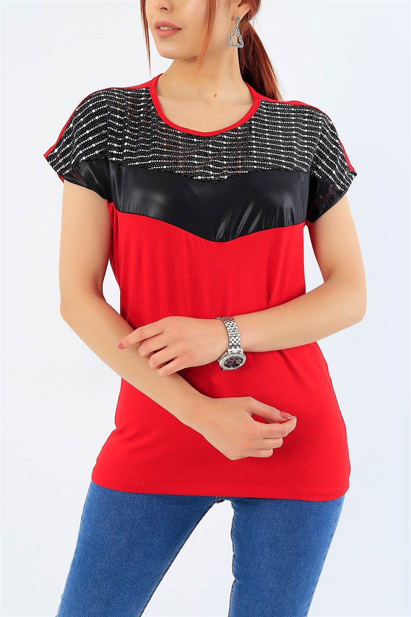 Kırmızı Likralı Pul İşlemeli Bluz 31843