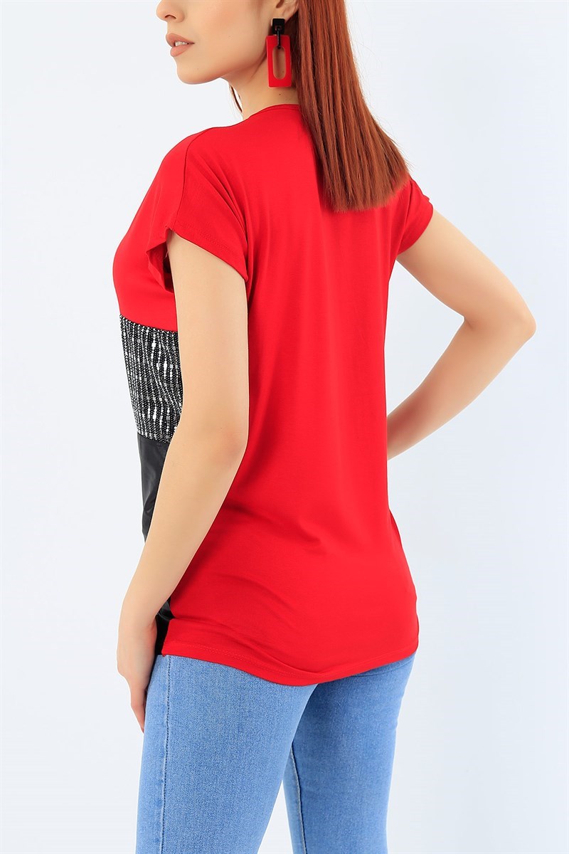 Kırmızı Likralı Pul İşlemeli Bluz 32211