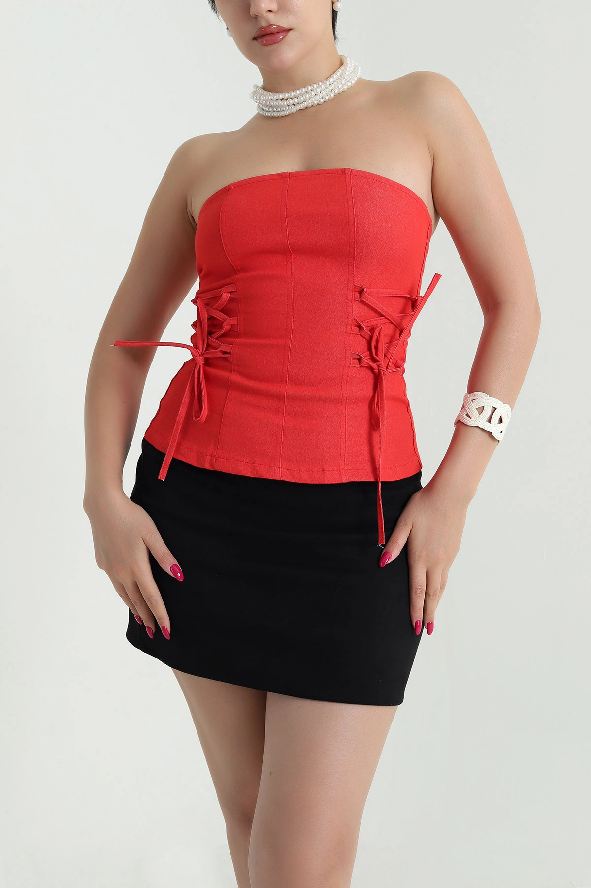 Kırmızı Likralı Tensel Kot Straplez Kadın Bluz 475333
