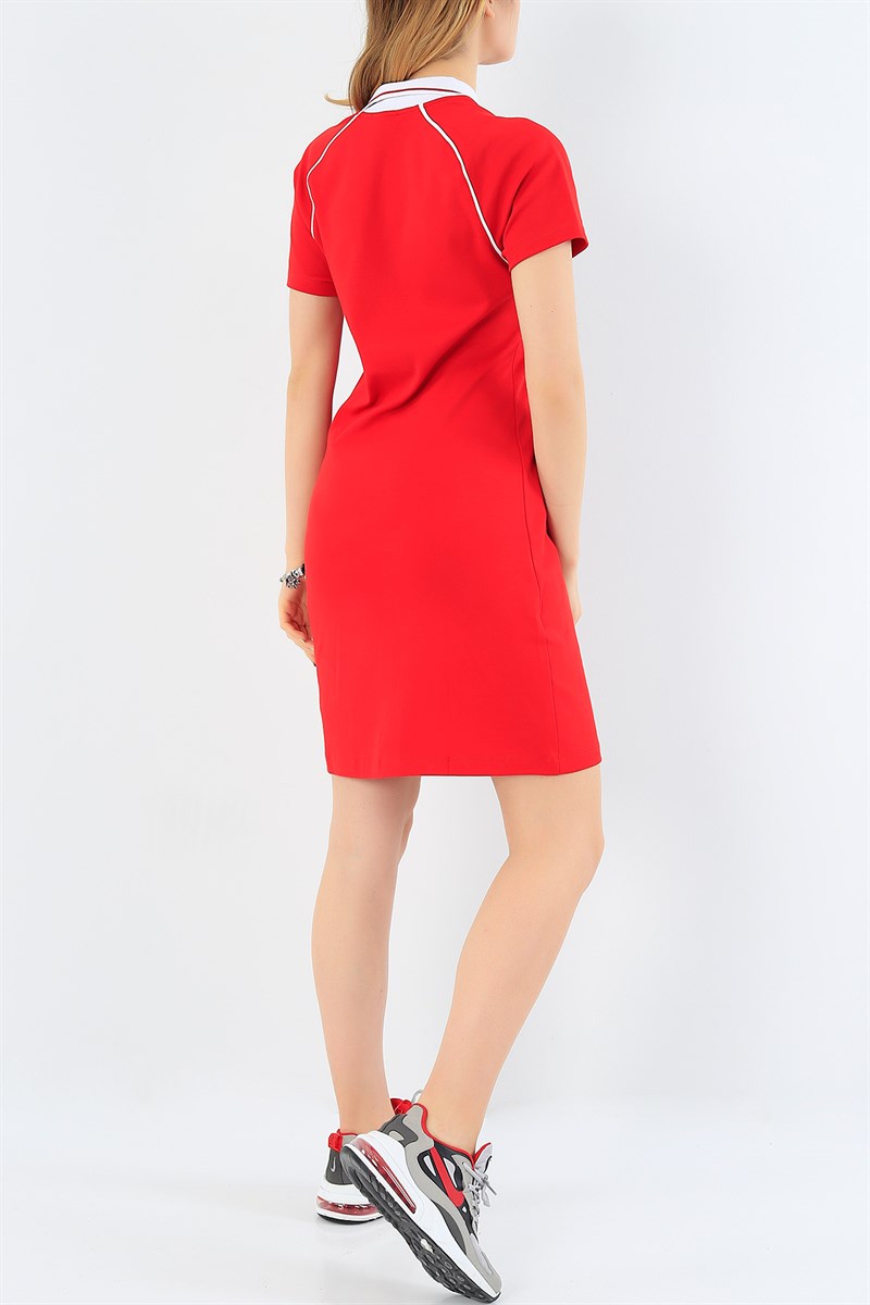 Kırmızı Likralı Yakalı Elbise 29504B