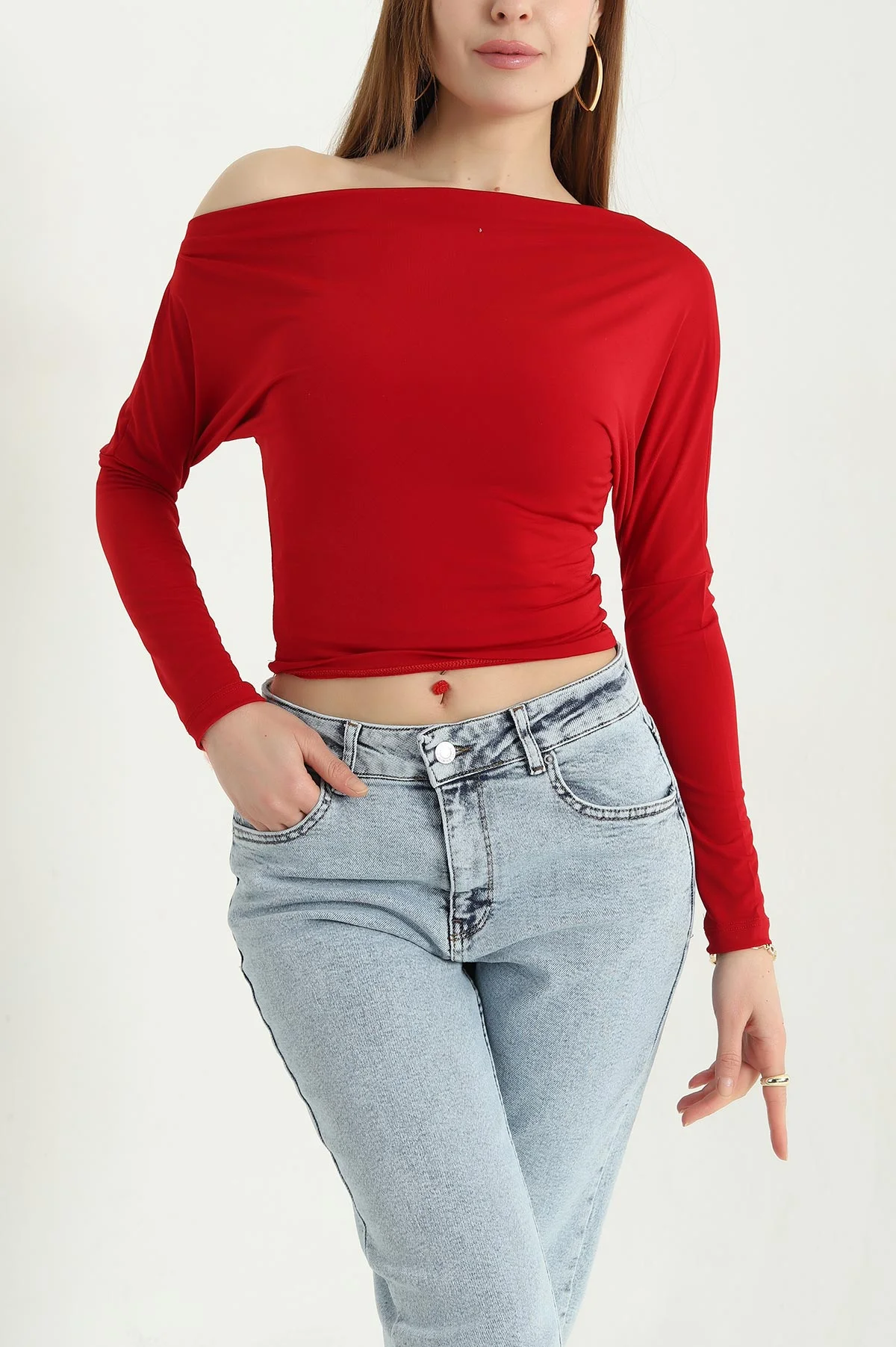 Kırmızı Madonna Yaka Likralı Sandy Bluz 341229