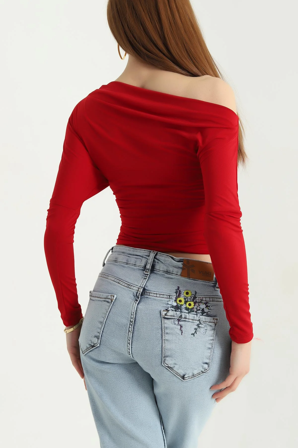 Kırmızı Madonna Yaka Likralı Sandy Bluz 341229