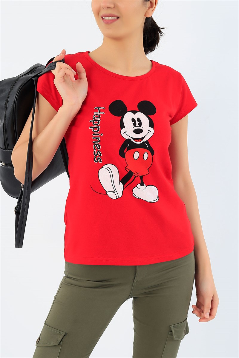 Kırmızı Mickey Mouse Baskılı Bayan Tişört 32270