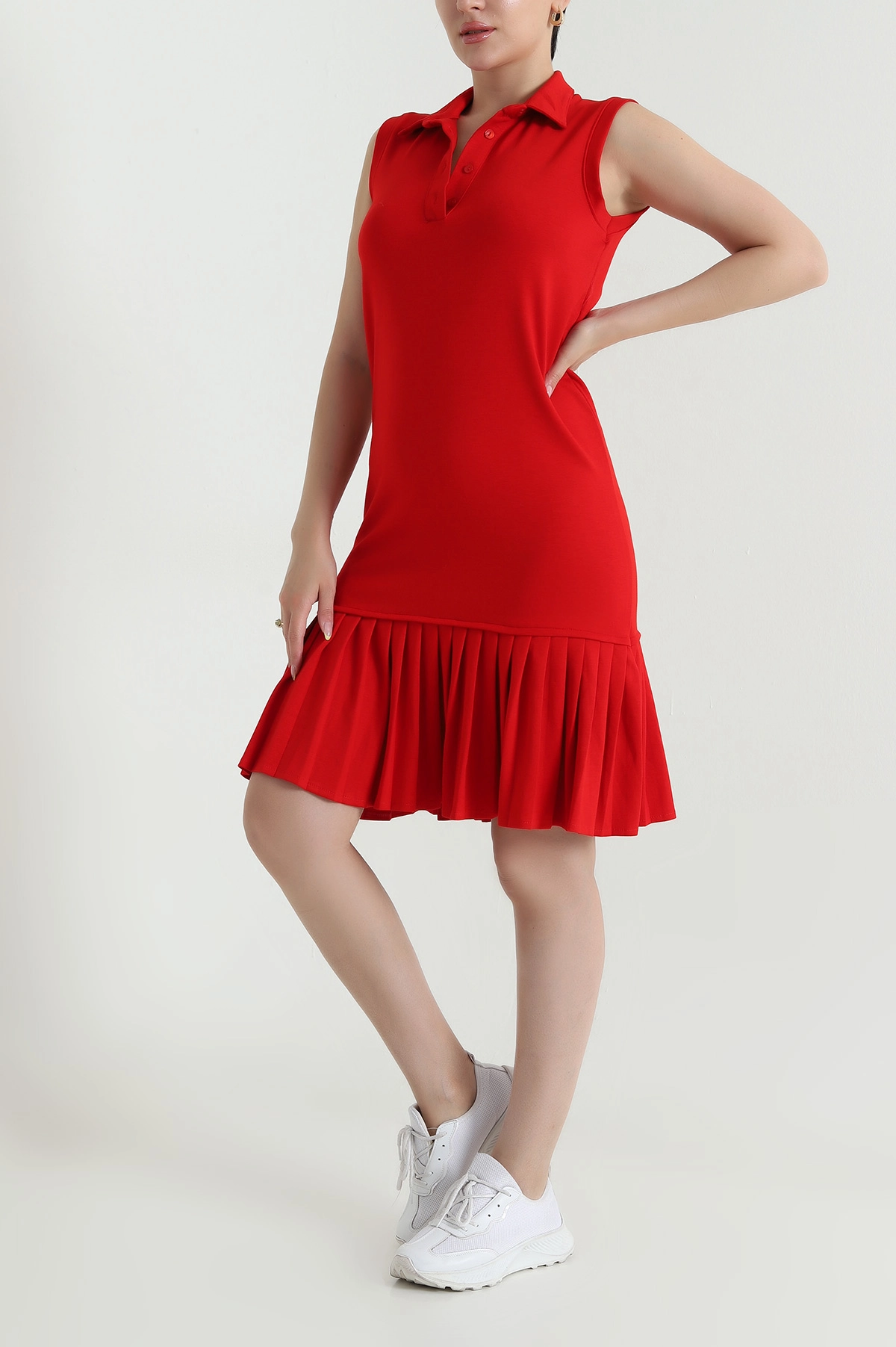 Kırmızı Modal Piliseli Polo Yaka Kadın Elbise 468208