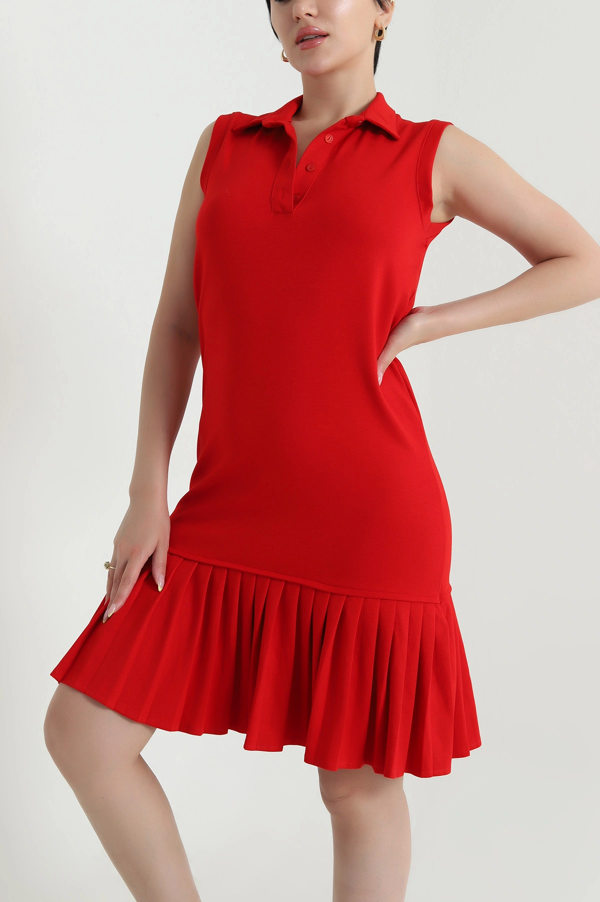 Kırmızı Modal Piliseli Polo Yaka Kadın Elbise 468208