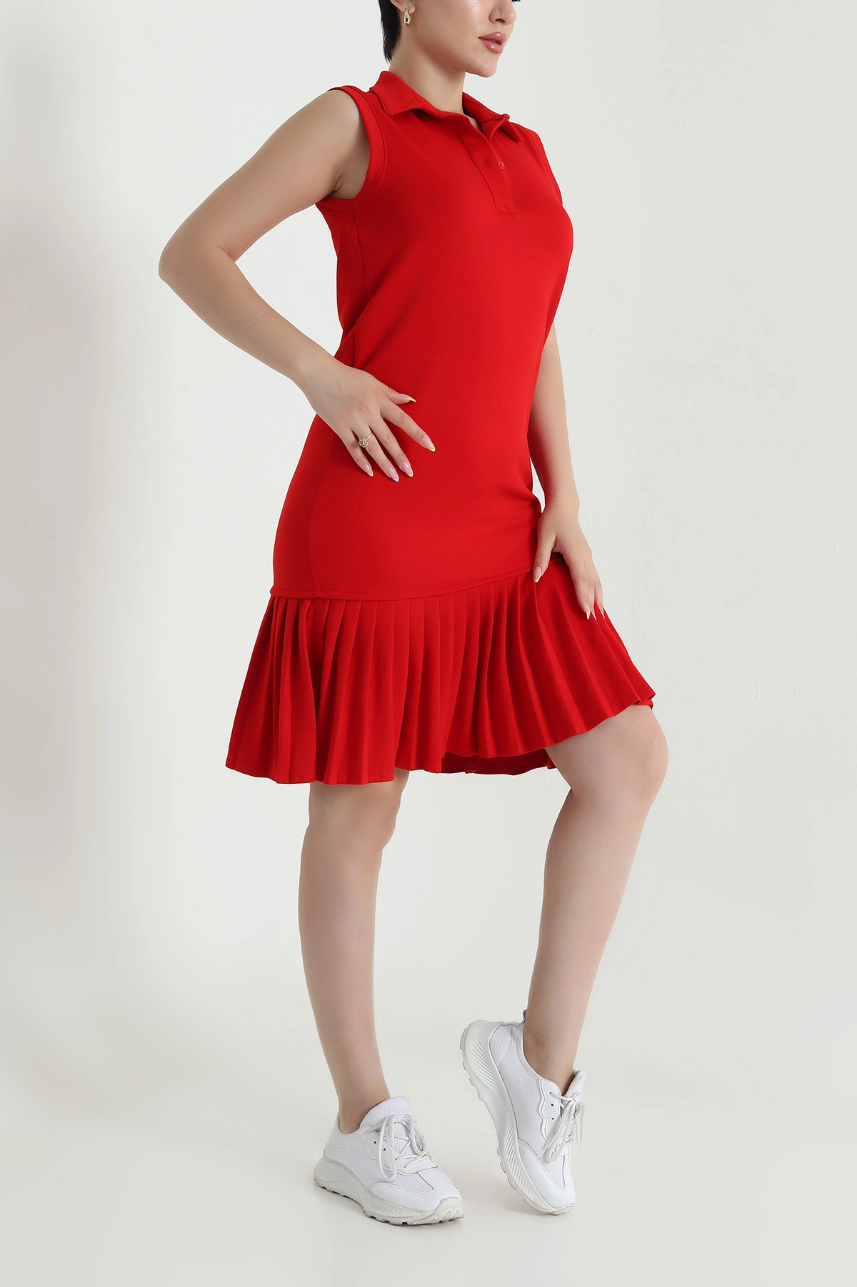 Kırmızı Modal Piliseli Polo Yaka Kadın Elbise 468208