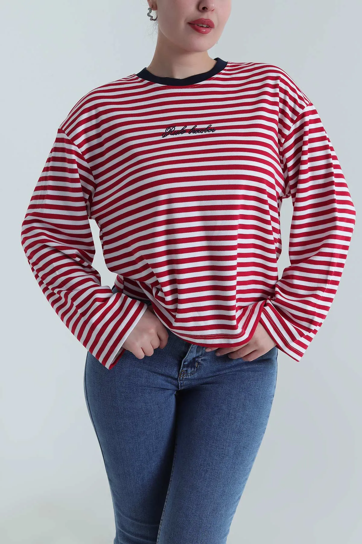 Kırmızı Nakışlı Likralı Viskoz Kadın Bluz 498133