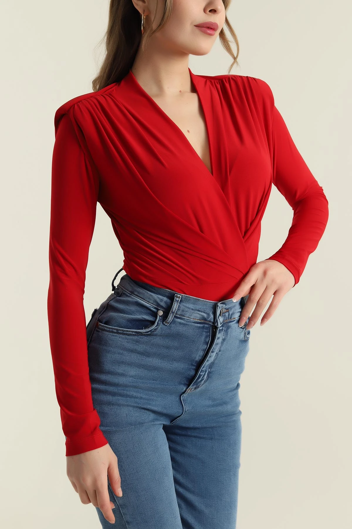 Kırmızı Omuzları Vatkalı Sendy Kadın Zıbın Bluz 418342