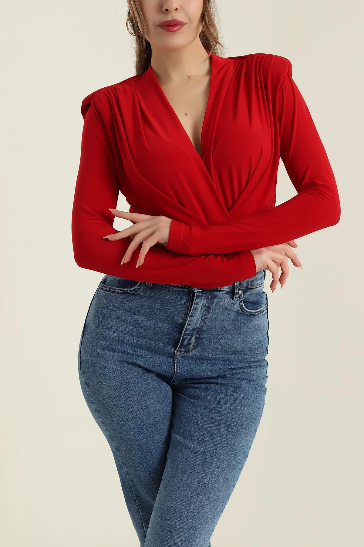 Kırmızı Omuzları Vatkalı Sendy Kadın Zıbın Bluz 418342