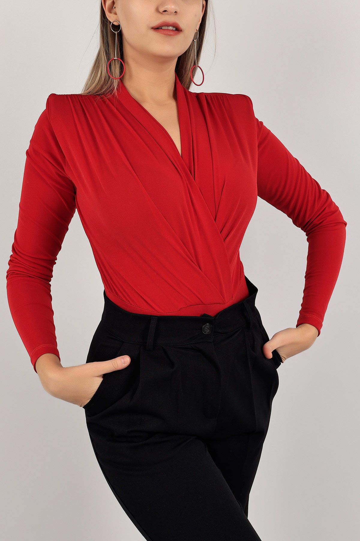 Kırmızı Omuzlrı Vatkalı Sendy Zıbın Bluz 143361
