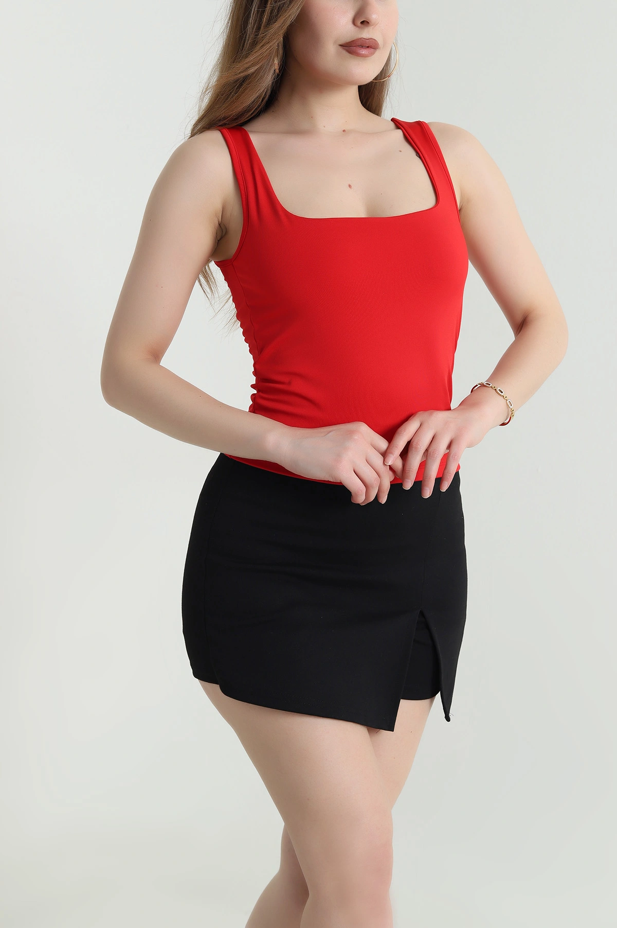 Kırmızı Ön Arka Kare Yaka Scuba Kadın Bluz 463572