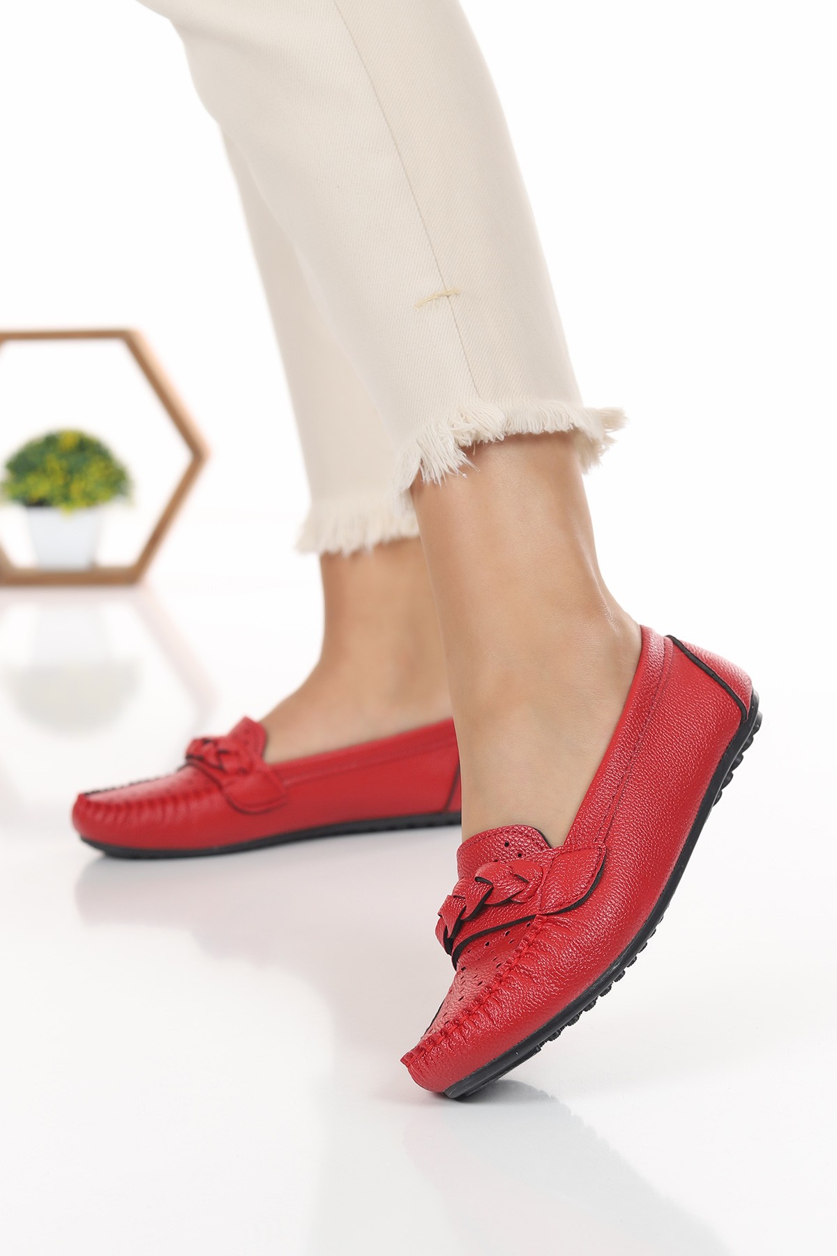 Kırmızı Örgü Kemer Kadın Babet Ayakkabı 120626