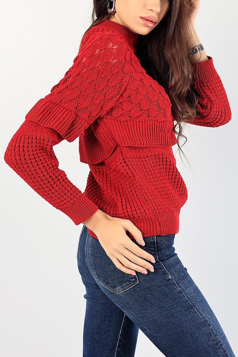 Kırmızı Örme Triko Bayan Kazak 83855