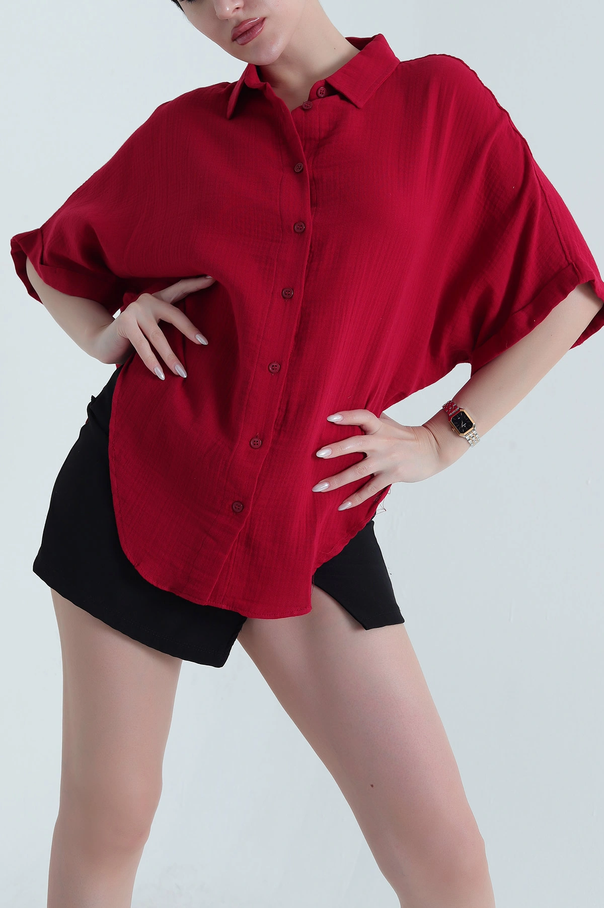 Kırmızı Oval Kesim Oversize Müslin Keten Kadın Gömlek 447000