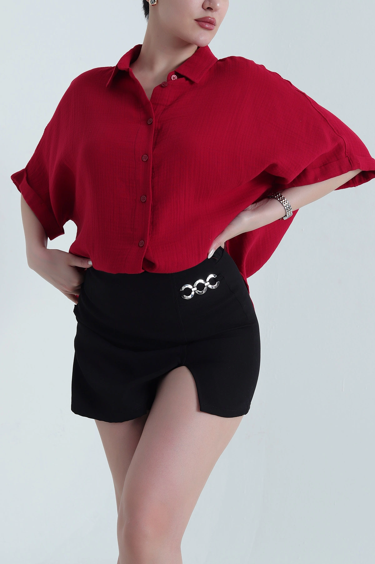 Kırmızı Oval Kesim Oversize Müslin Keten Kadın Gömlek 447000