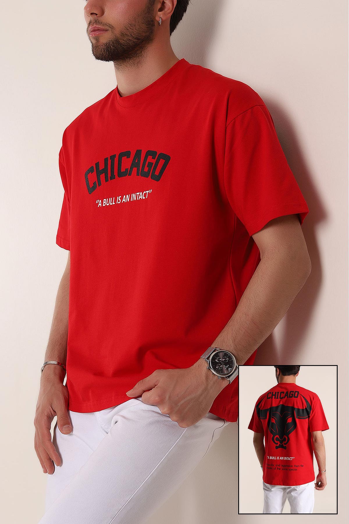 Kırmızı Oversize Chicago Baskılı Erkek Tişört 181405