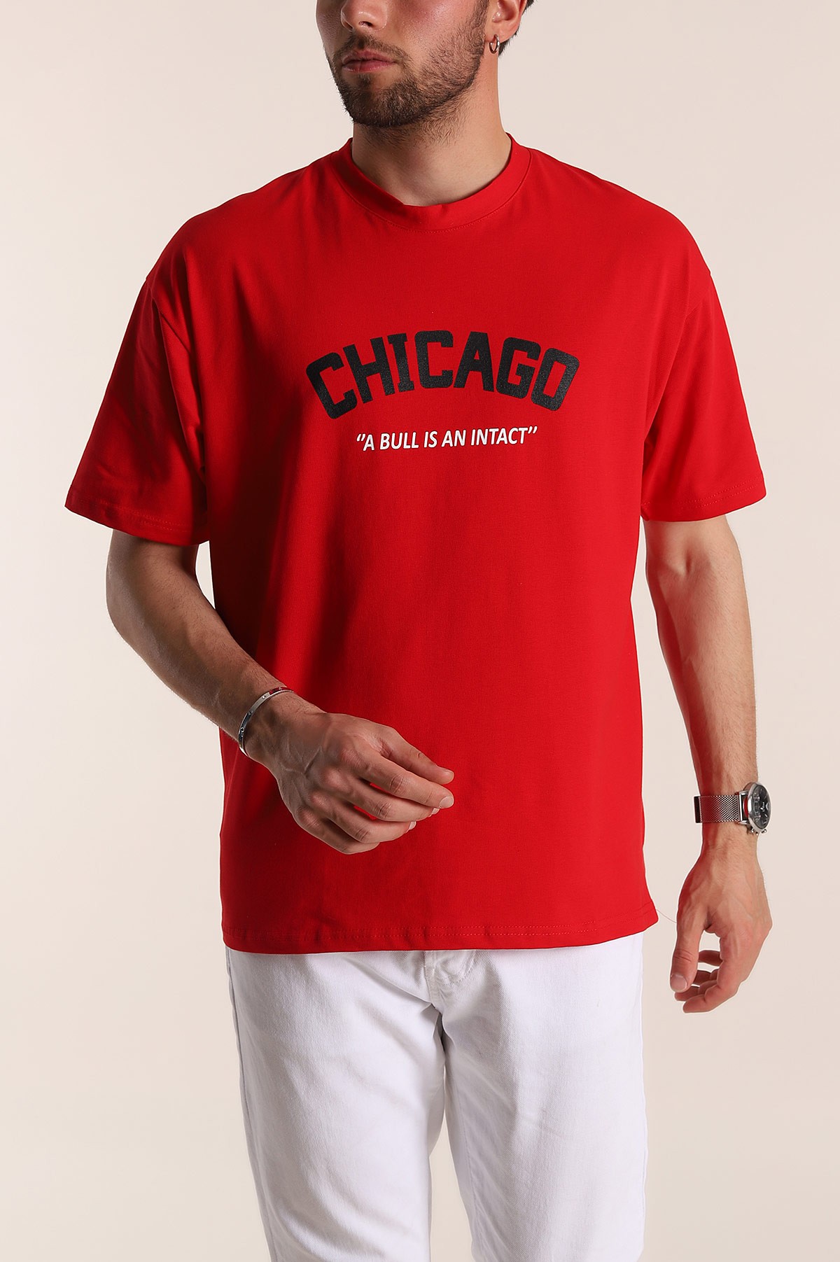 Kırmızı Oversize Chicago Baskılı Erkek Tişört 181405