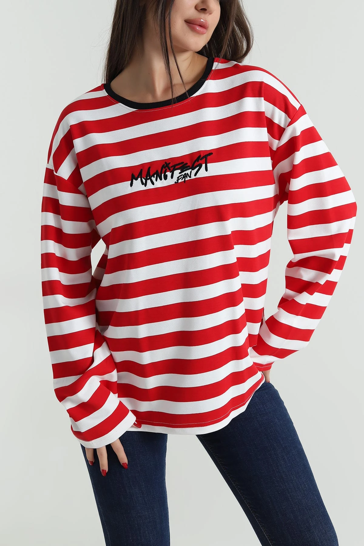 Kırmızı Oversize Çizgili Nakışlı Oysho Kadın Sweat 492888