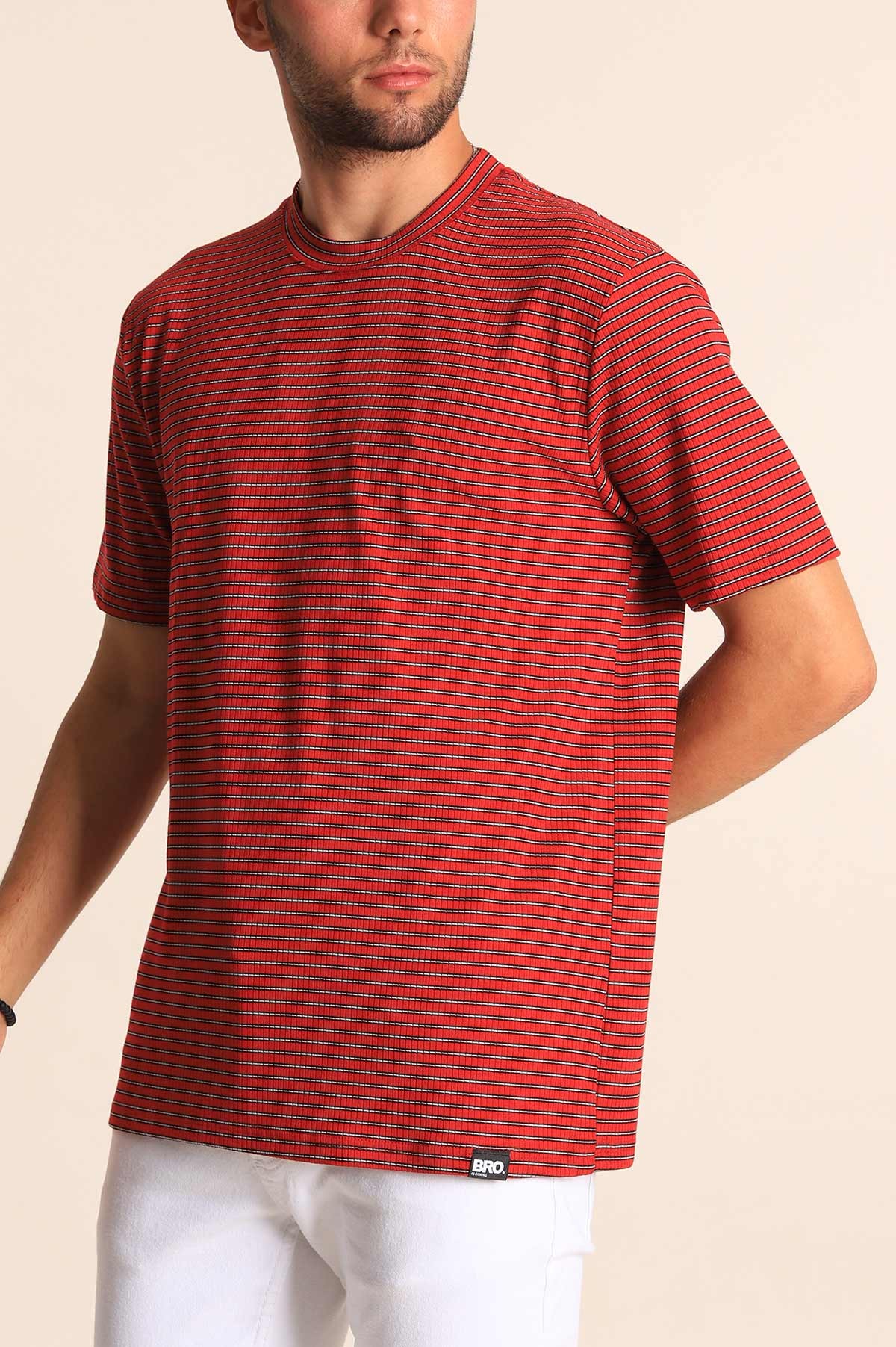 Kırmızı Oversize Çizgili Örme Erkek Tişört 194575