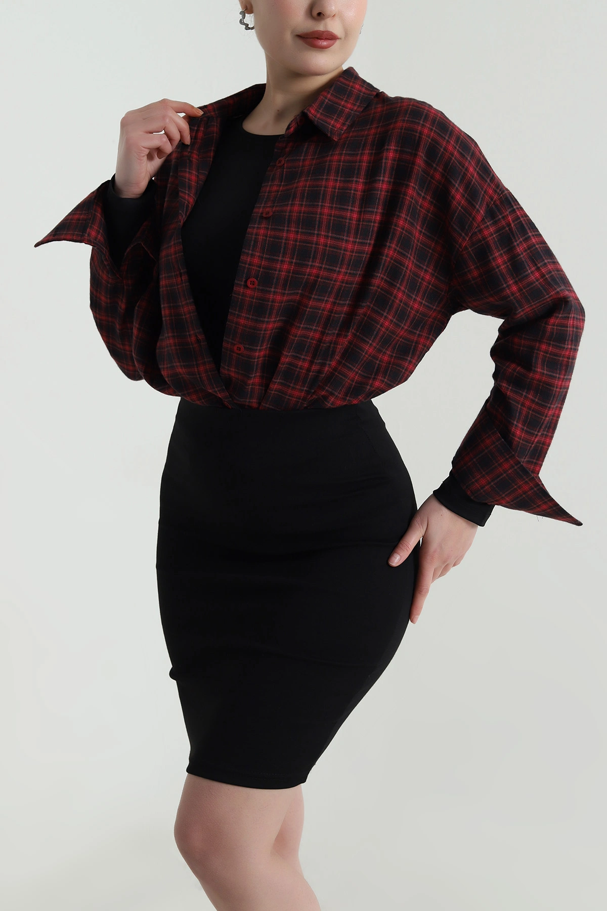 Kırmızı Oversize Ekose Kadın Gömlek 496840
