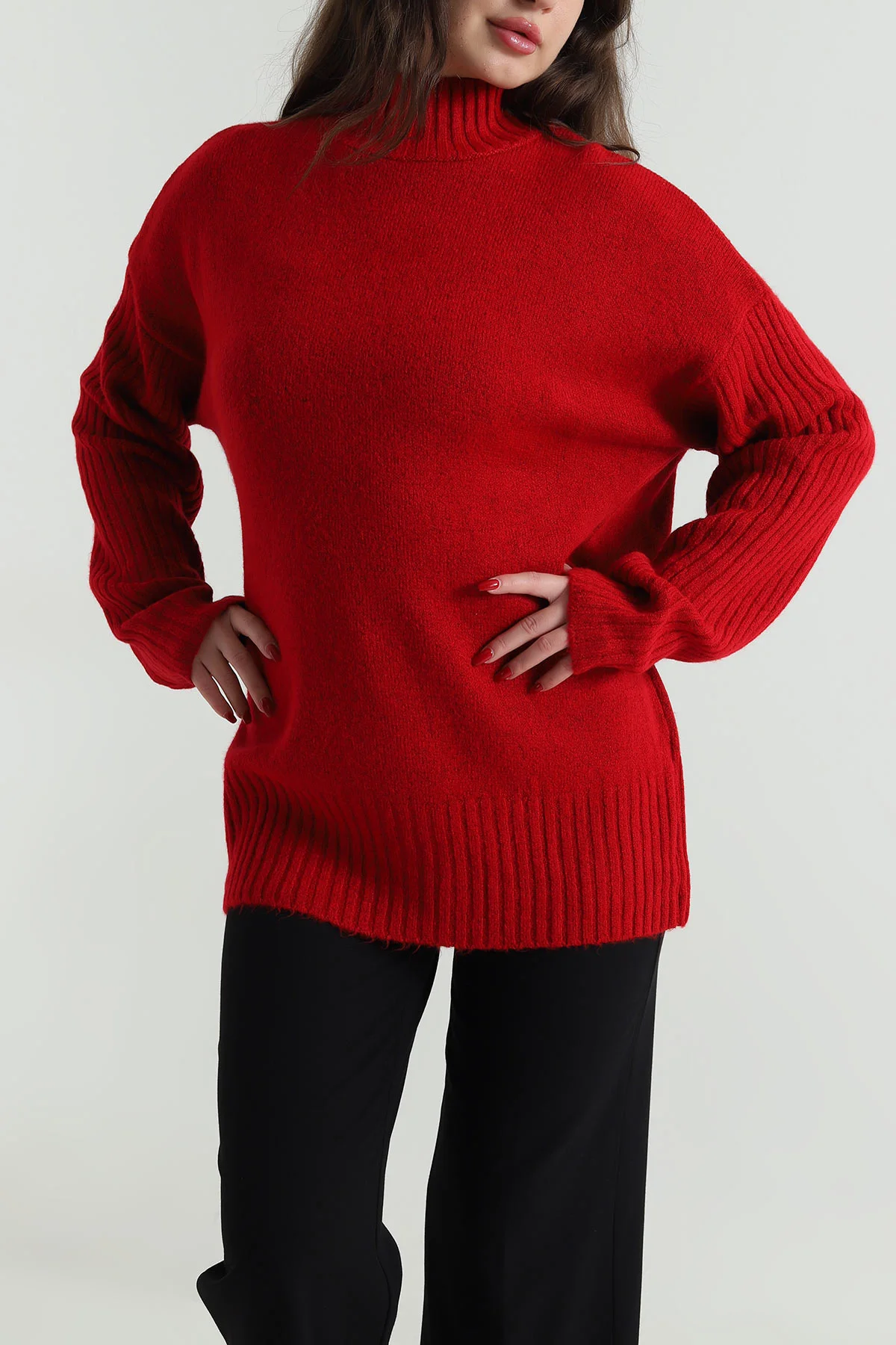 Kırmızı Oversize Kadın Triko Kazak 496028