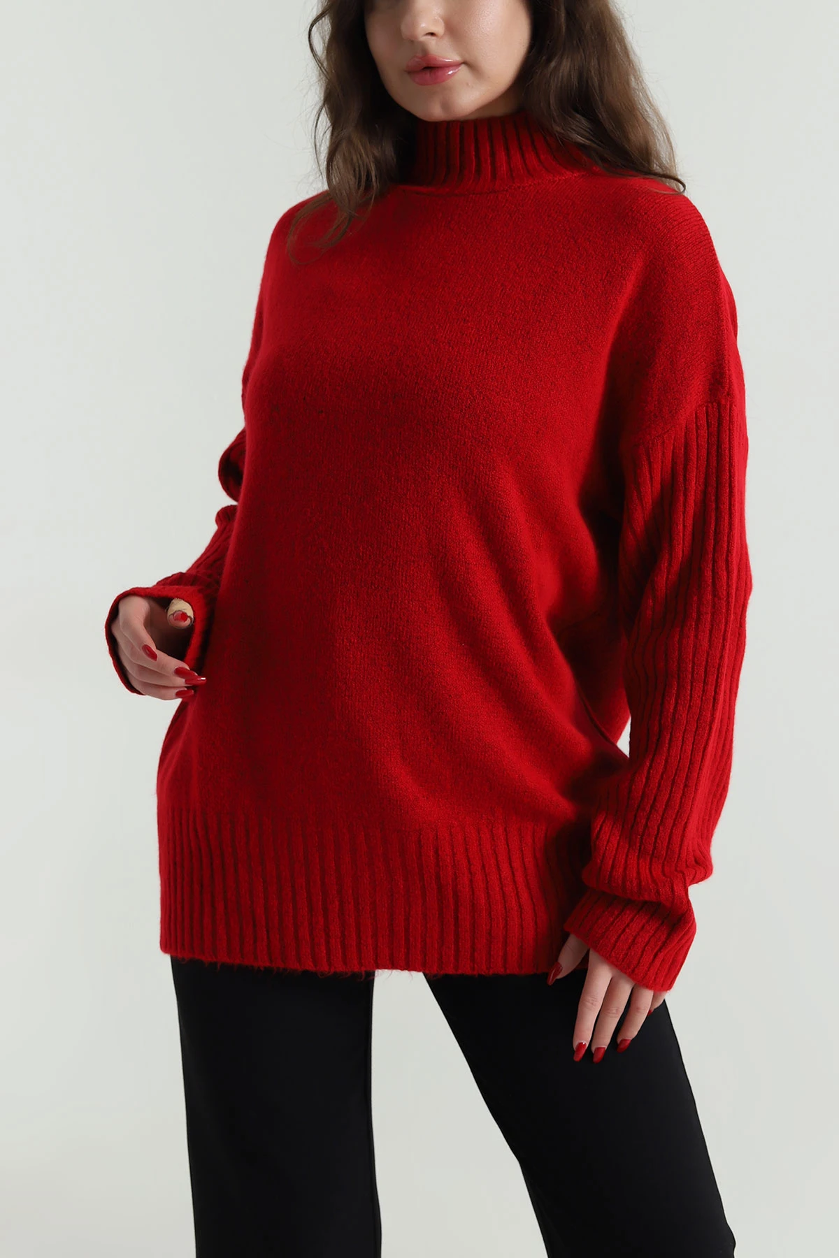 Kırmızı Oversize Kadın Triko Kazak 496028