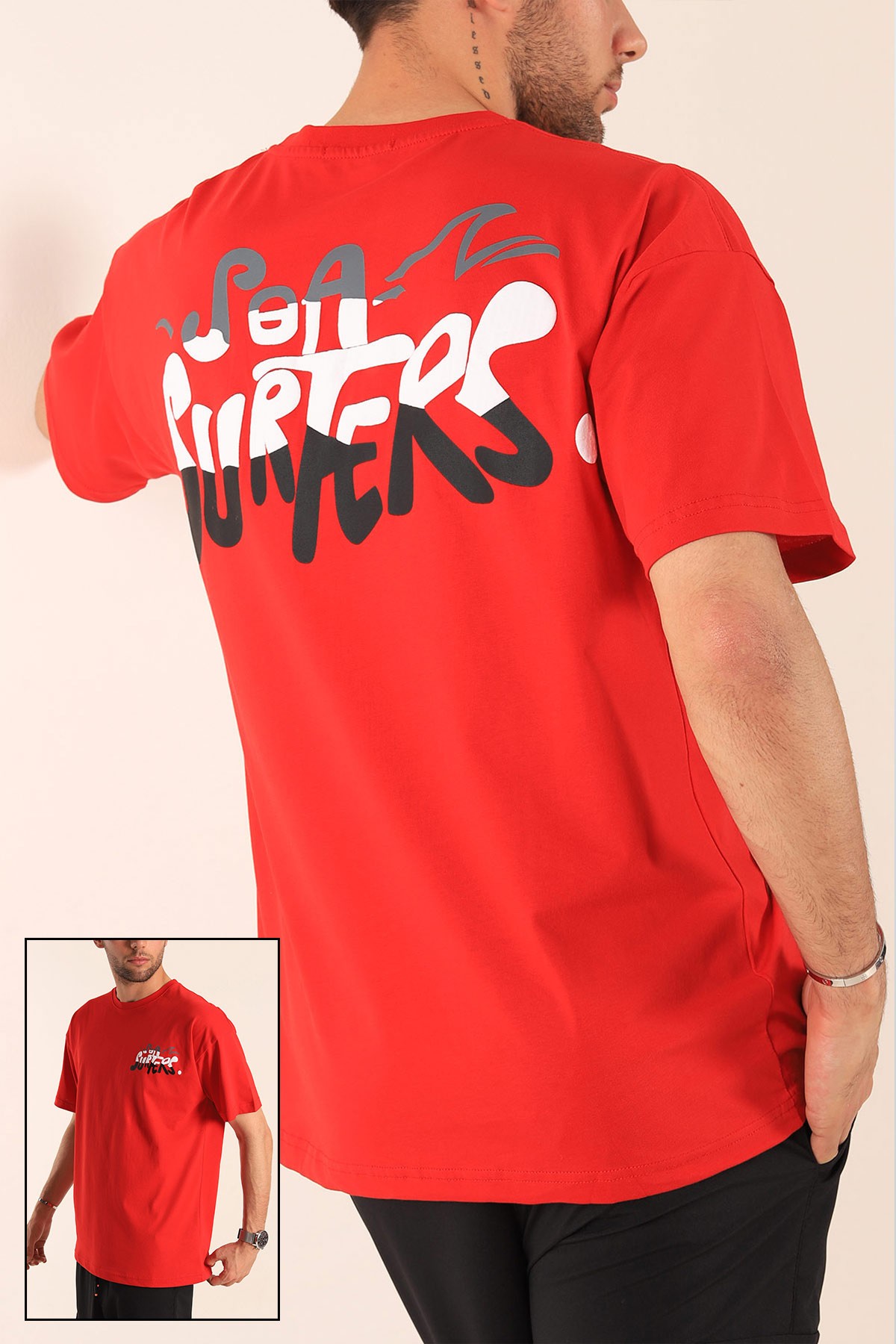 Kırmızı Oversize Sea Surfers Sırt Kabartmalı Erkek Tişört 184266