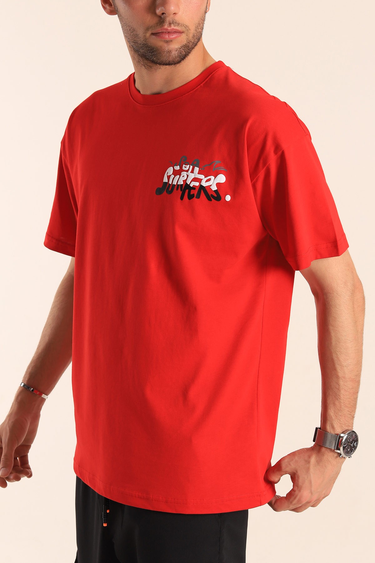 Kırmızı Oversize Sea Surfers Sırt Kabartmalı Erkek Tişört 184266