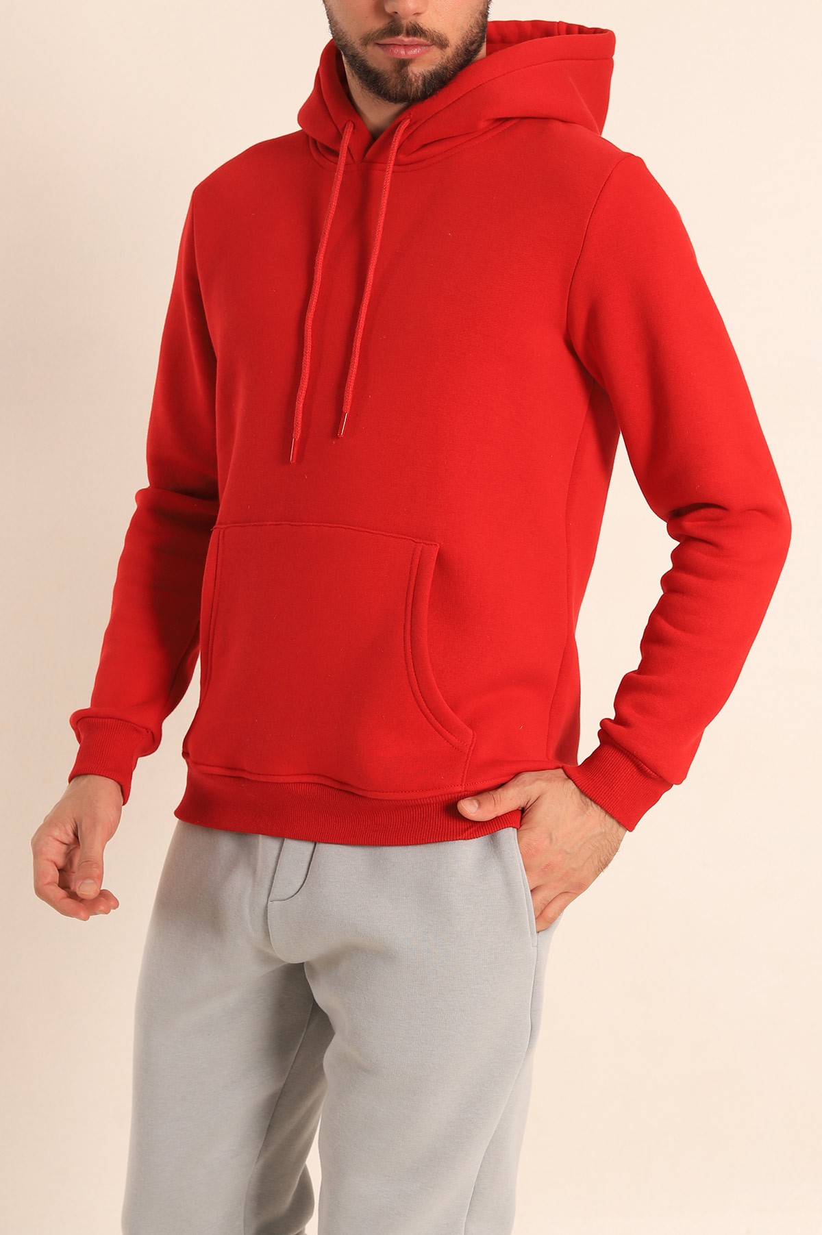 Kırmızı Oversize Üç İp Şardonlu Basic Kapüşonlu Erkek Sweatshirt 222527