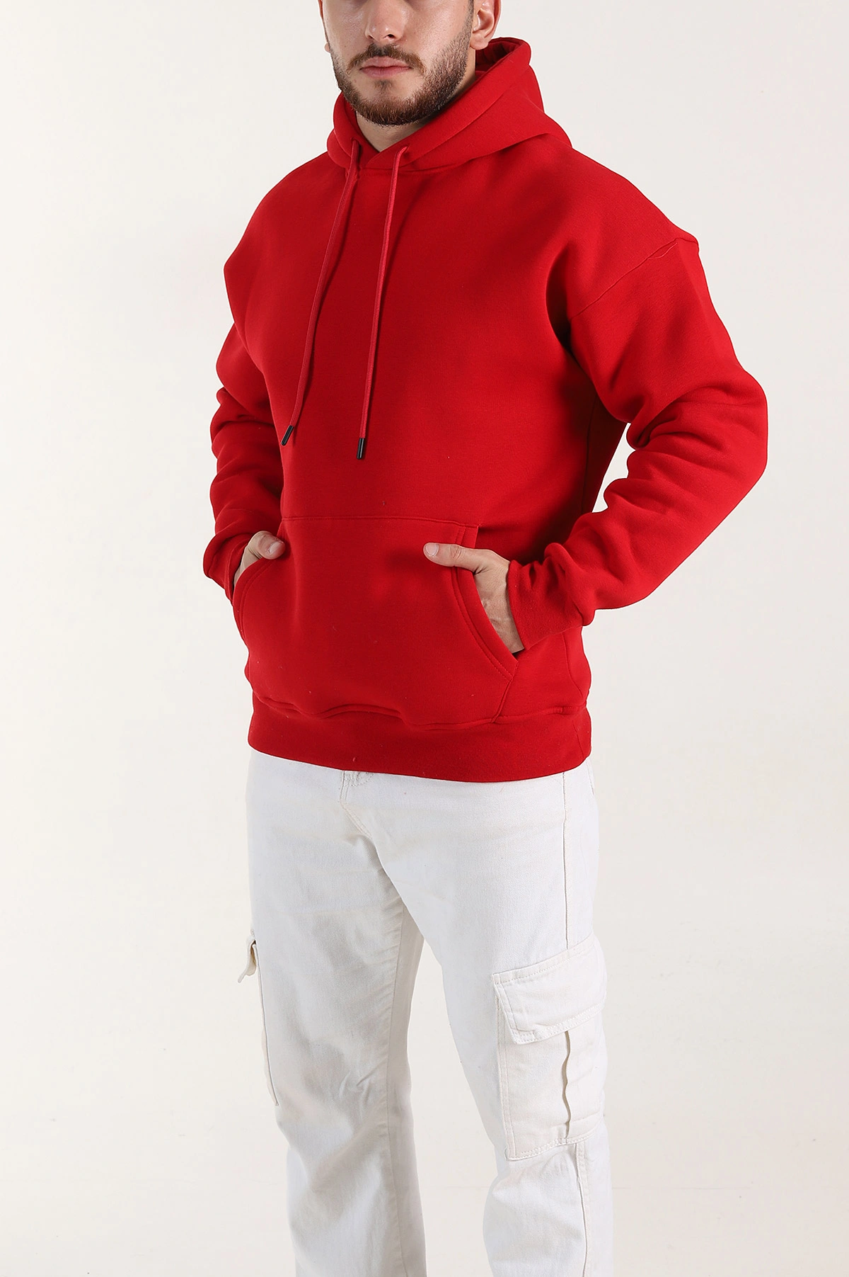 Kırmızı Oversize Üç İp Şardonlu Erkek Basic Kapüşonlu Sweatshirt 398907