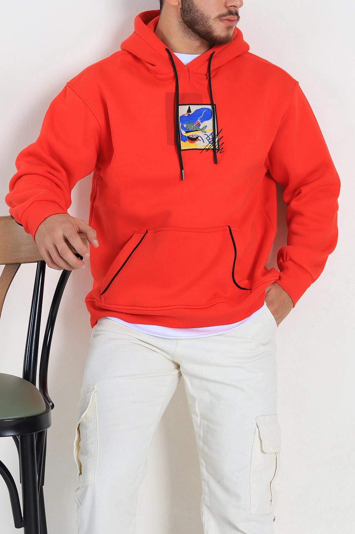 Kırmızı Oversize Üç İp Şardonlu Kabartma Baskı Detaylı Kapüşonlu Sweatshirt 307219