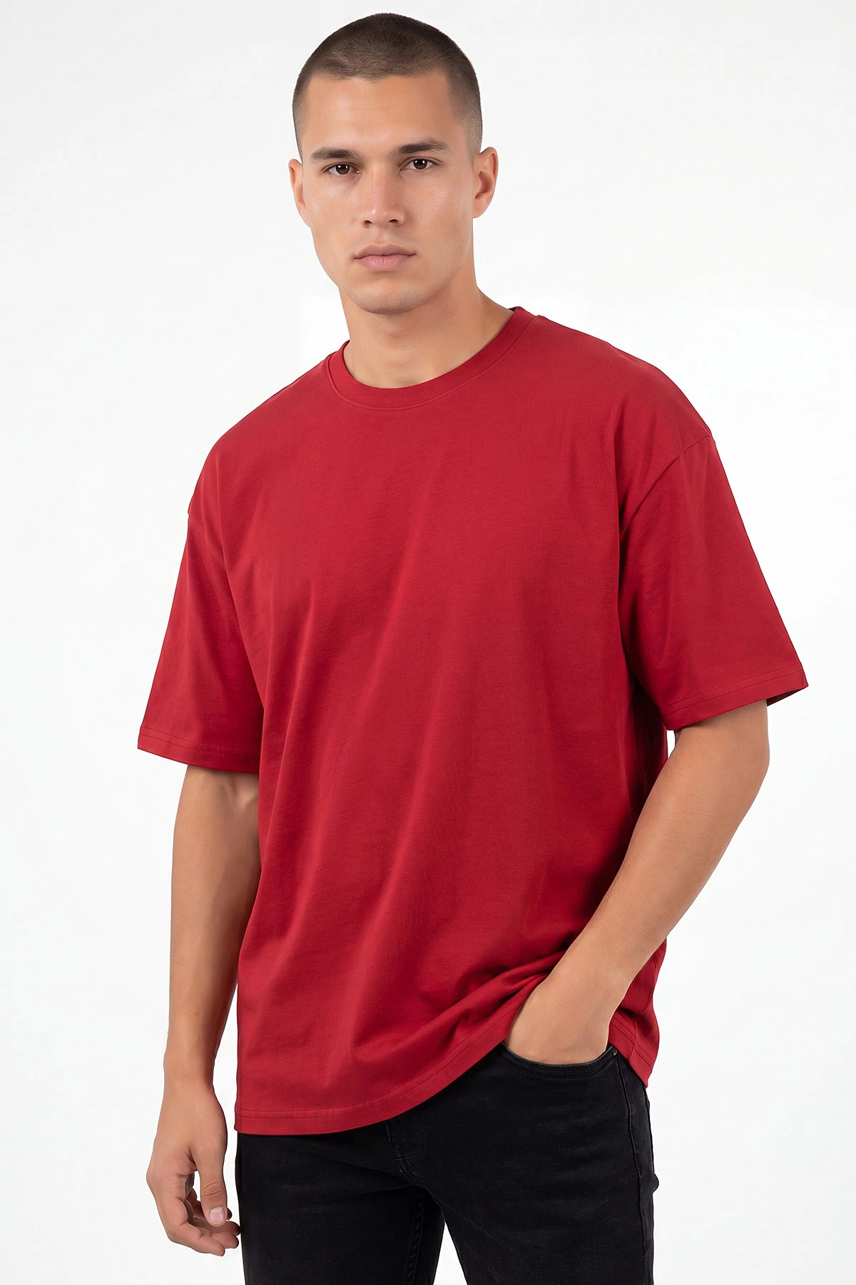 Kırmızı Oysho Kumaş Oversize Bisiklet Yaka Erkek Tişört 465396