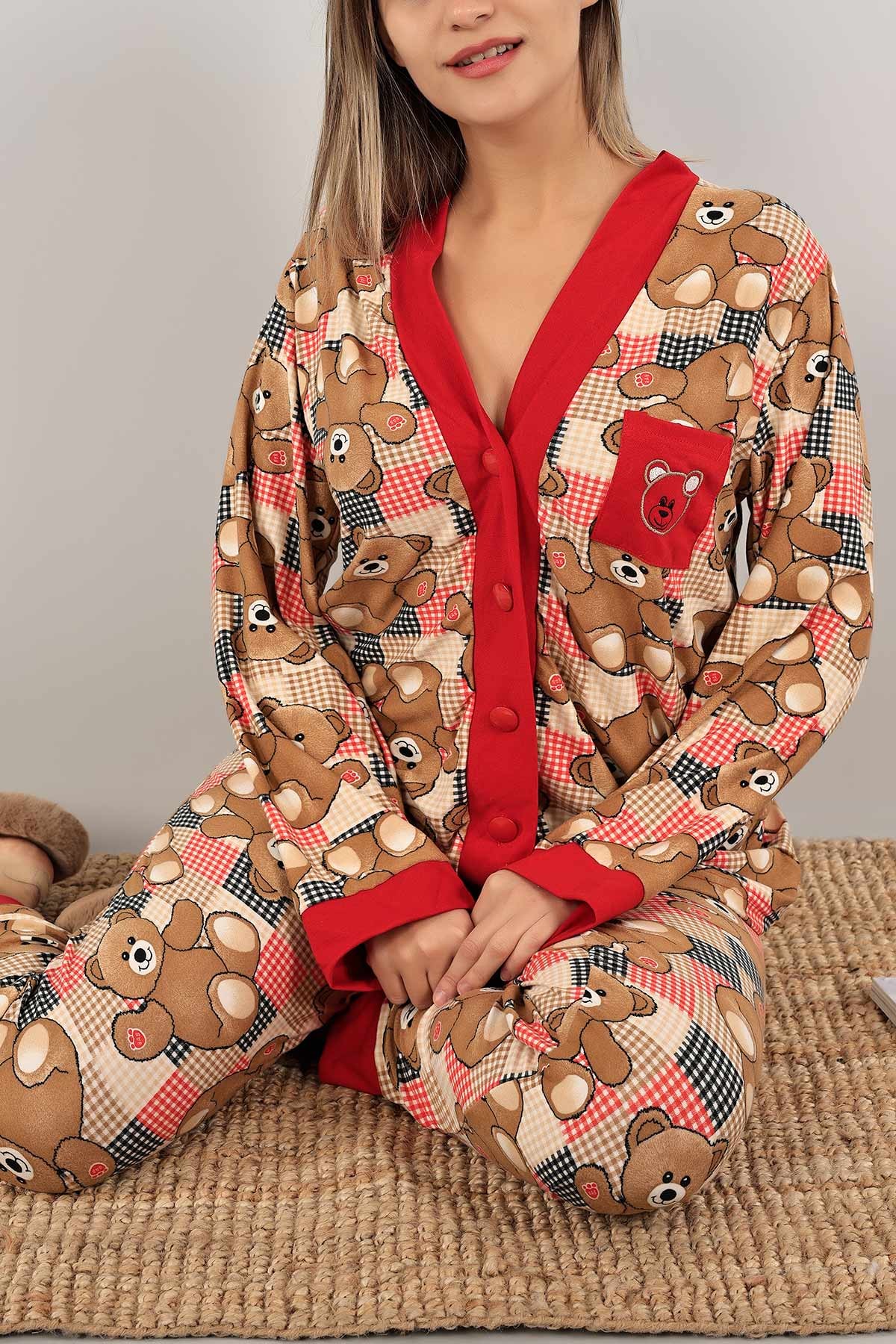 Kırmızı Düğmeli Süet Bayan Pijama Takımı 140830