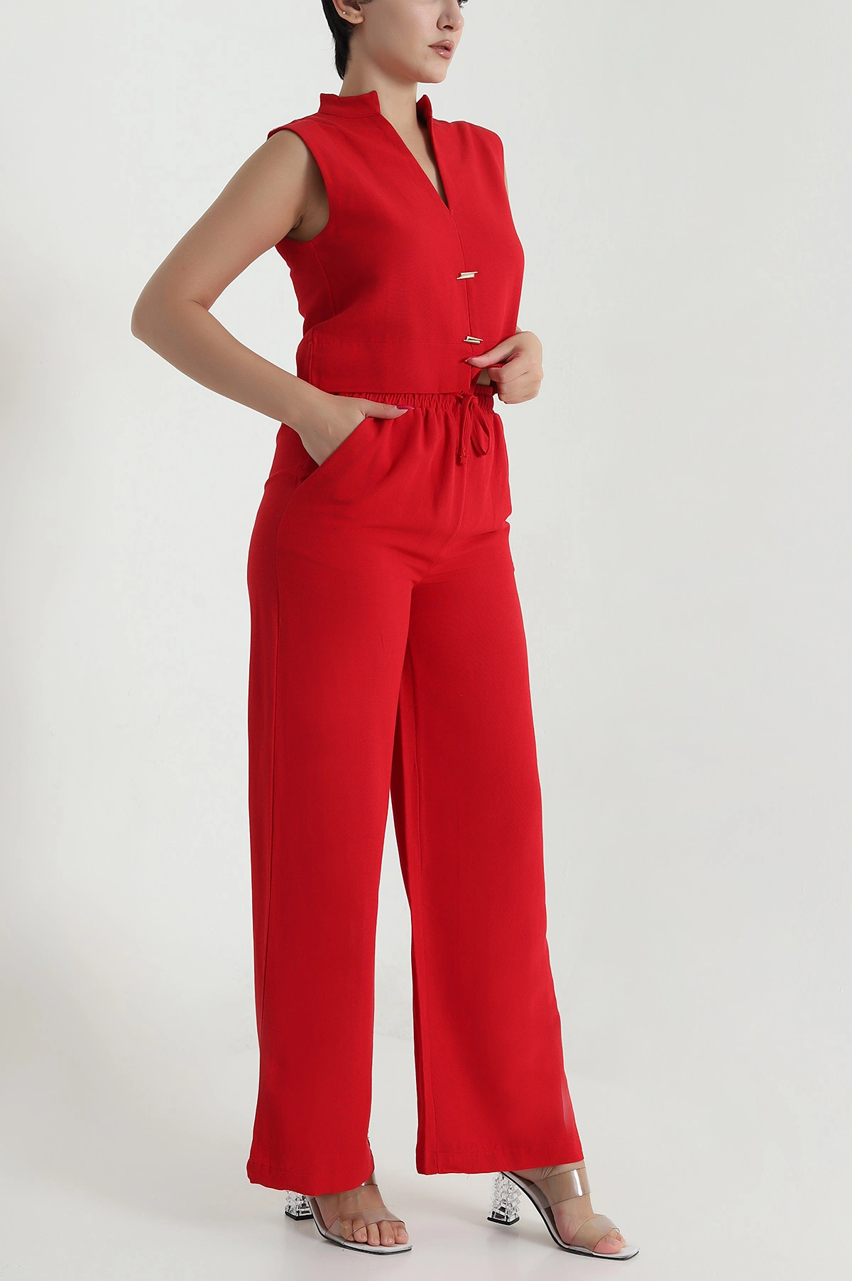 Kırmızı Pantolon Bluz Keten Kadın İkili Takım 479510